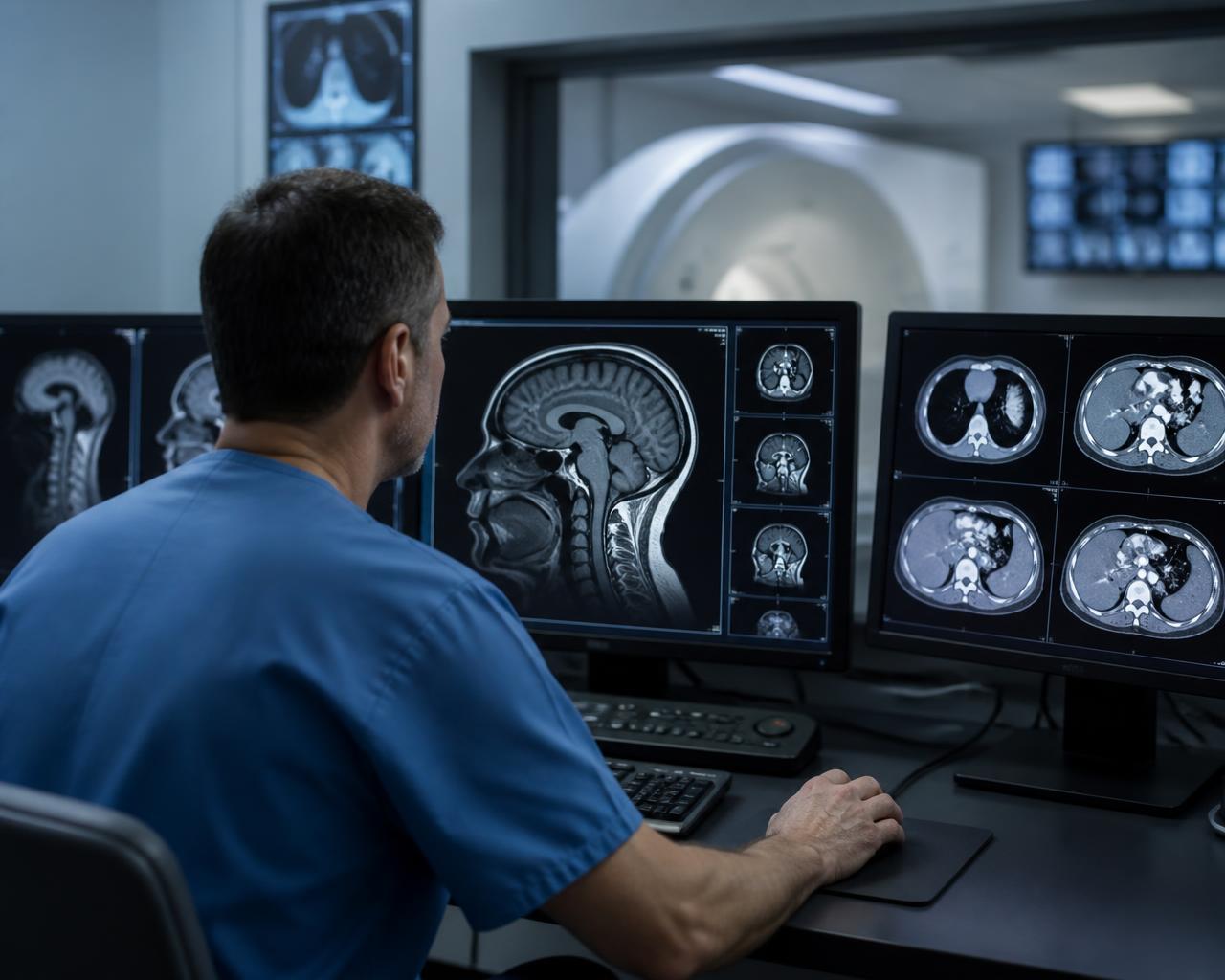 Radiologist reviewing diagnostic images at an imaging workstation