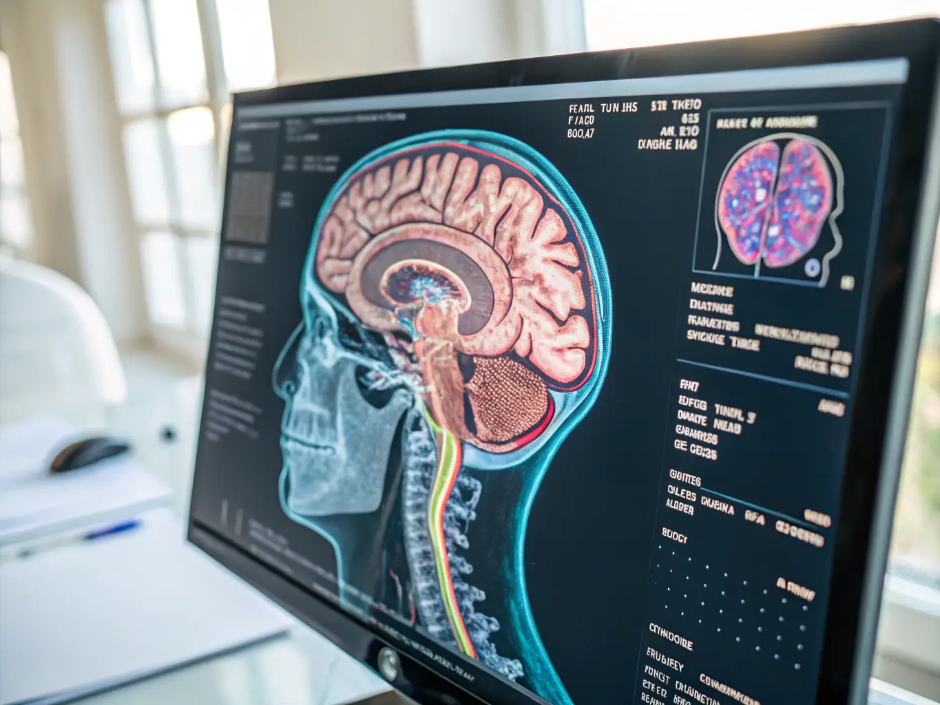 A high-resolution MRI scan image of a human brain, showcasing detailed anatomical structures, set in a clinical environment with a radiologist reviewing the scan.